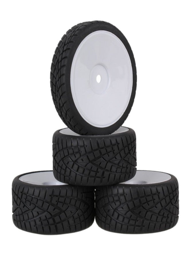 Mxfans White Plastic Smooth Flat Disc Wheel Rims + Striped Pattern Rubber Tires Tyres for RC 1:10 On Road Racing Car Spare Parts Set of 4 - Image 1